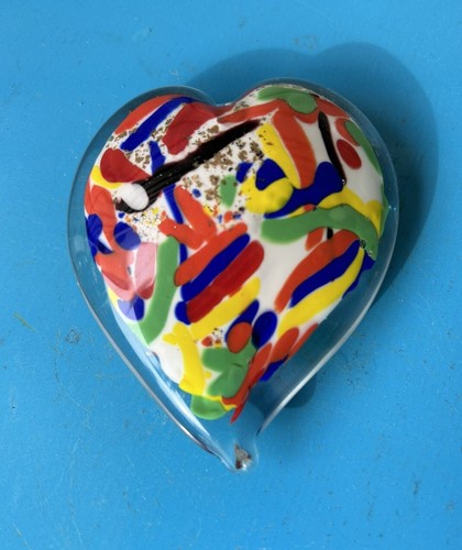 Vintage Colorful Confetti Sprinkles Heart Abstract Art Glass Paperweight 4"