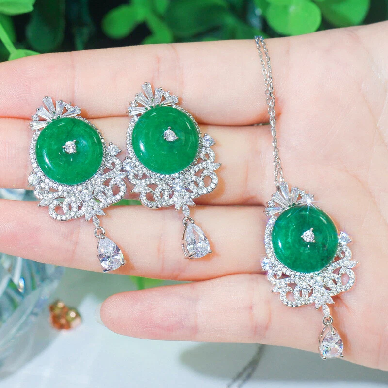 Noble Green CZ Round Long Dangle Drop Earrings Necklace Women Ethnic Jewelry Set