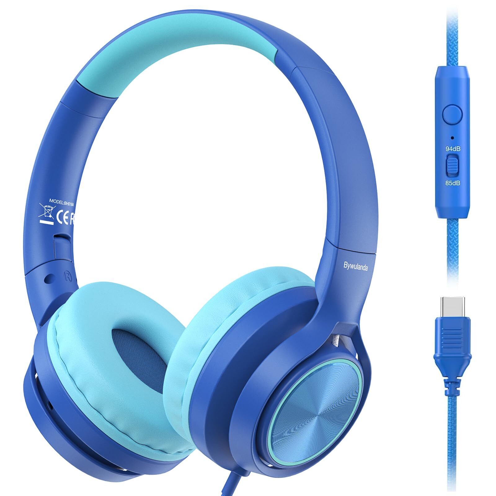 Bywulanda Kids USB-C Headphones with Mic and 85dB Safe Volume Limiter