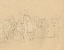 Ancien crayon dessin original taureaux, hommes, charrue, vie active