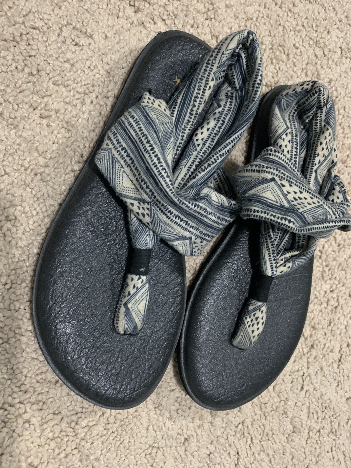 SANUK  Yoga Sling Womens Sandals Sz 5 Blue/Beige Slingback Thong Shoes Stretch