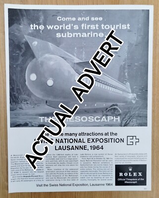 Rolex Watch Print Ad. 1963 vtg. Jacques Piccard ''Mesoscaph'' Tourist Submarine