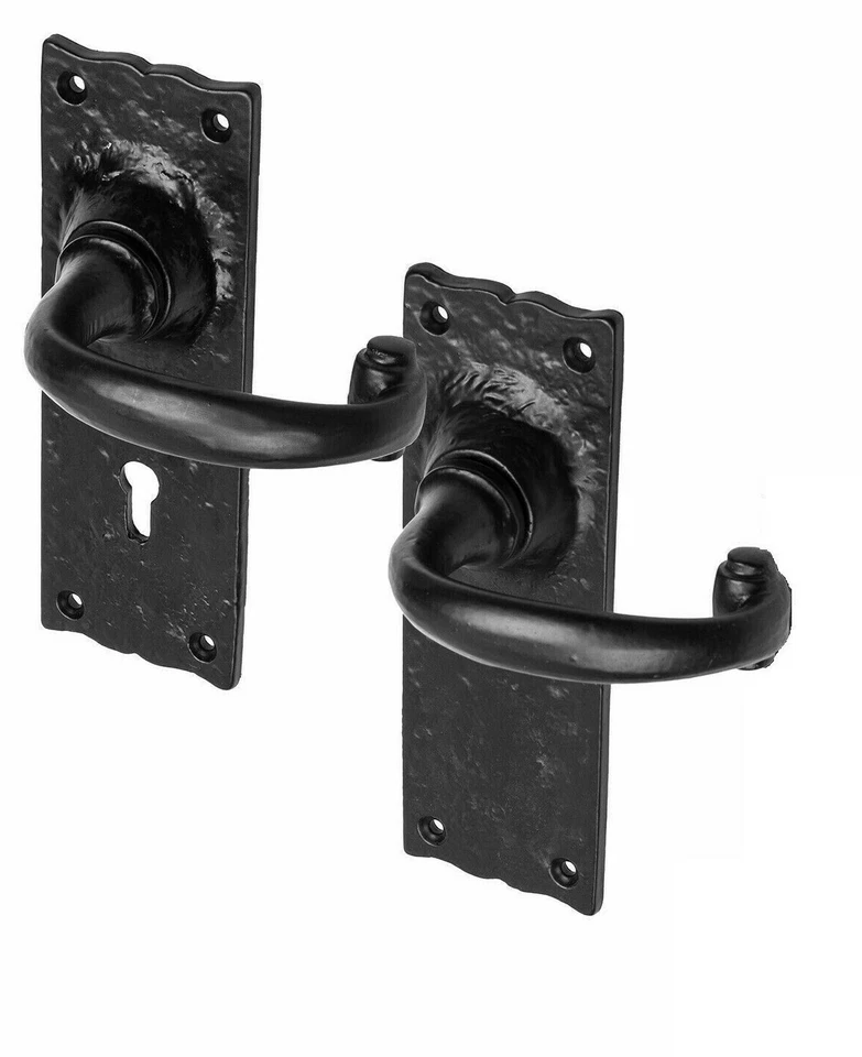 BLACK ANTIQUE EXTERNAL DOOR HANDLE/Lock 150mm Locking Ornate Iron Key Hole PAIR - Image 2 of 4