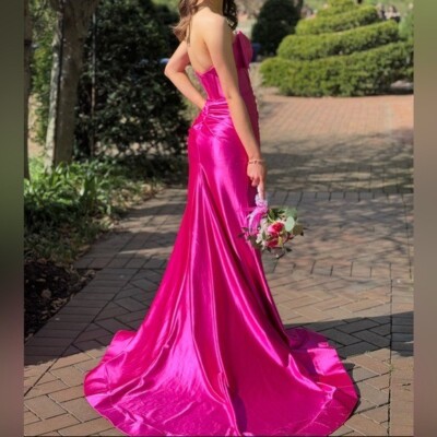 Sherri Hill 000 prom dress 2025 hot pink bow train formal satin designer |  eBay