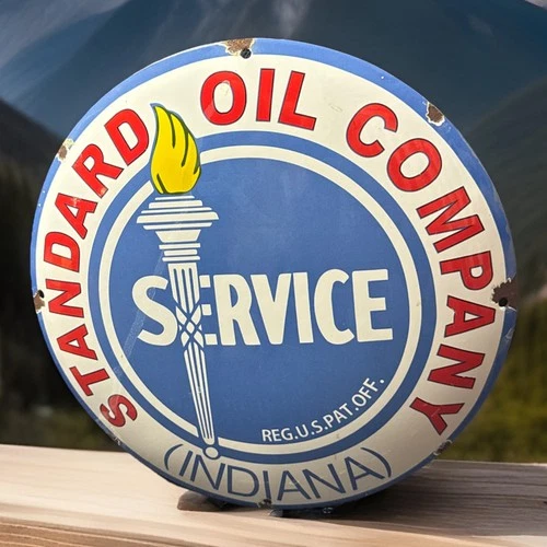 Vintage 12” Standard Oil COMPANY-INDIANA Dome Pump Plate Porcelain Metal Sign