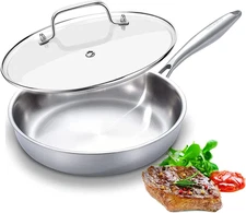 Tri-Ply Stainless Steel Pan, 12 Inch Frying Pan with Lid, Compatible with All Co