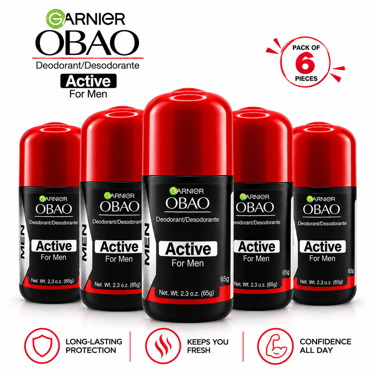 Garnier Obao Roll On Deodorant for Men / Active 2.3 oz.  (6 PACK)