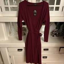 Guess Women’s Ribbed Burgundy Wrapped Dress Midi Size Large