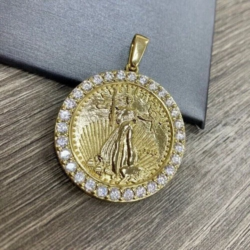 1.50Ct Lab Created Diamond Round Lady Liberty Coin Pendant Yellow Gold Plated