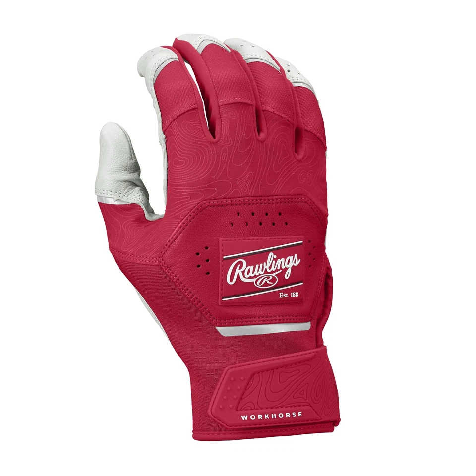 Rawlings | Adult Workhorse Baseball Batting Gloves | White/Scarlet | MED - Image 2 of 4