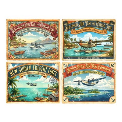 Retro South Pacific Airline Luggage Label Stickers, 4 Labels 1 Cut & Peel Sheet