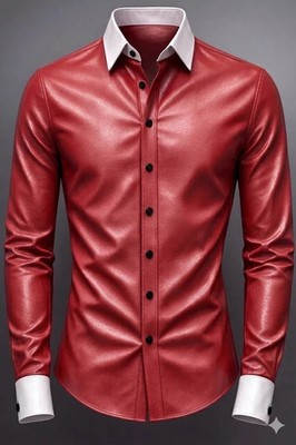 Motorcycle Slim Fit Men's Stylish Handmade Red Real Lambskin Leather Soft Shirt