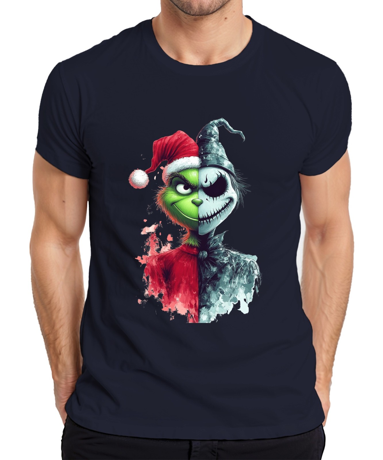 Grinch Jack Skellington Half Face Christmas Horror Vintage Mens T-Shirt