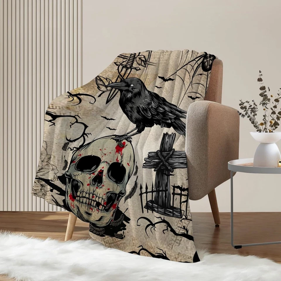 Gothic Skull Raven Blanket Horror Crow Halloween Throw Creepy Skeleton Decor - Image 2 of 4