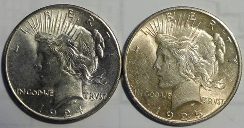 BU 1924 & 1925 Peace 90% Silver Dollars lot of 2