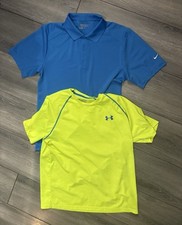 Lot 2-Nike Golf Under Armour Boys Youth M/L Golf Polo Shirts Neon Blue Yellow