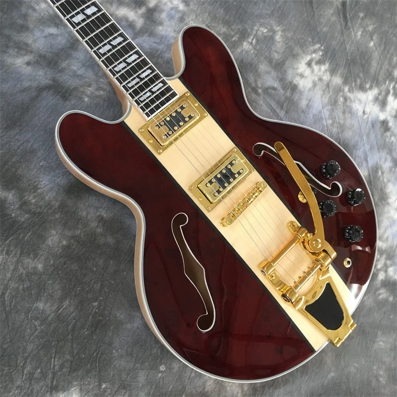 Custom Electric Guitar Tree Burl Top 335 Jazz Bridge Gold Part Semi-hollow Body - Image 4 of 4