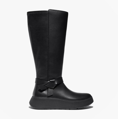 FitFlop F-Modus gefalteter Knoten Stretch Damen Leder Reißverschluss Freizeit schwarz hohe Stiefel