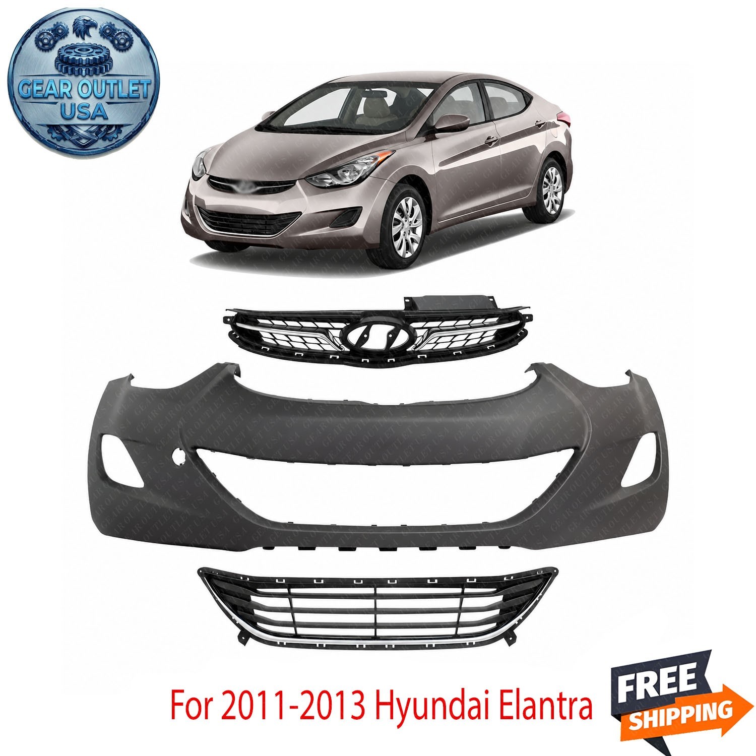New Front Bumper Cover Primed & Grille Assembly Kit For 2011-13 Hyundai Elantra