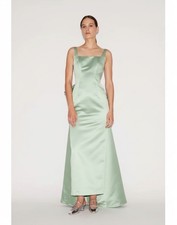 Alfred Sung Sage Green Sateen Satin Square Neck Maxi Gown with Slit Size 20
