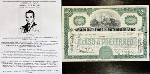 EDISON UTILITY PRESIDENT RAILROAD SAMUEL INSULL JR SIGNED RAILROAD STOCK 1929