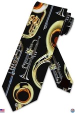 Three Rooker Brass Instruments Necktie Tie for Men, Musical Design, 100 Silk