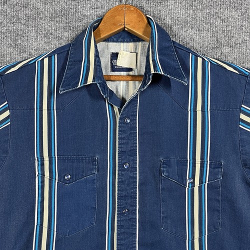VTG Wrangler Shirt Mens Medium Brushpopper Striped SS Western Pearl Snap Cowboy - Picture 2 of 16