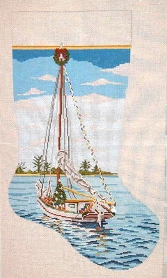 Needlepoint Handpainted Christmas Sailing Stocking Needle Crossings 19''