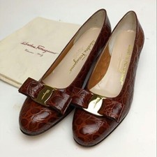 Authentic Salvatore Ferragamo Crocodile Embossed Vara Brown Size 6B