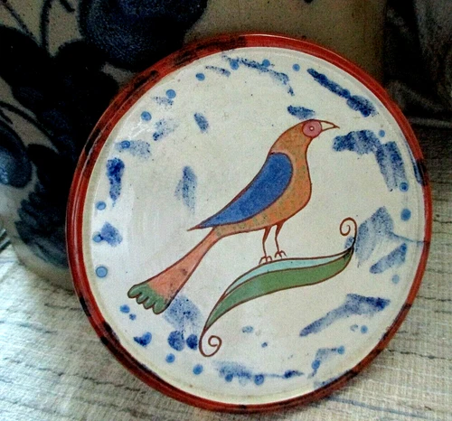JCS Seagraves Pennsylvania PA Folk Art Pottery Bird Trivet Signed Redware OOAK
