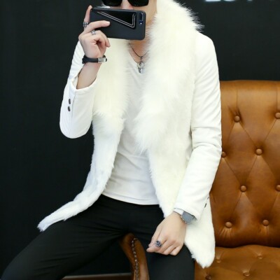 Men's Faux Leather Jacket Faux Fur Collar Mid Long Coat Outwear Fall Winter Slim