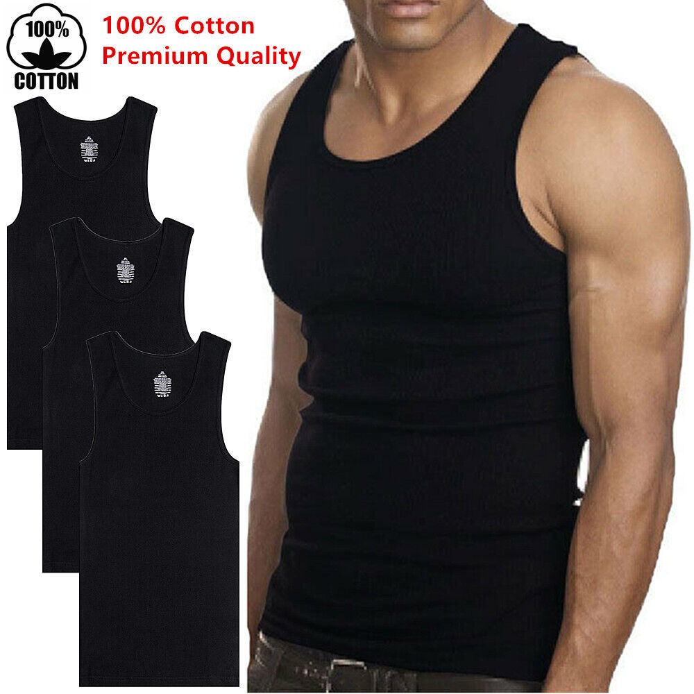 Tank Tops Wife Beater 3Pcs Mens 100% Cotton Tank Top A-Shirt Wife-Beater Undershirt Ribbed Black | eBay