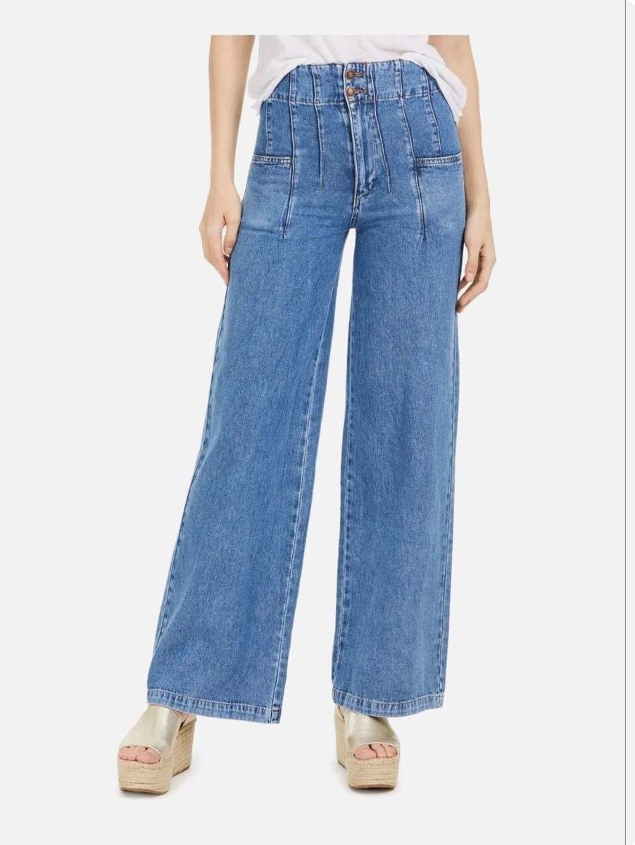 Free People Women's Midnight City Denim High Waist Wide Leg Jeans