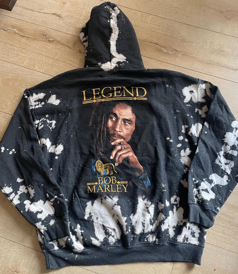 TALLA L Zion Rootswear “Leyenda” Bob Marley Sudadera con Capucha Blanqueador Lavado Negro Sudadera Foto 3 de 4