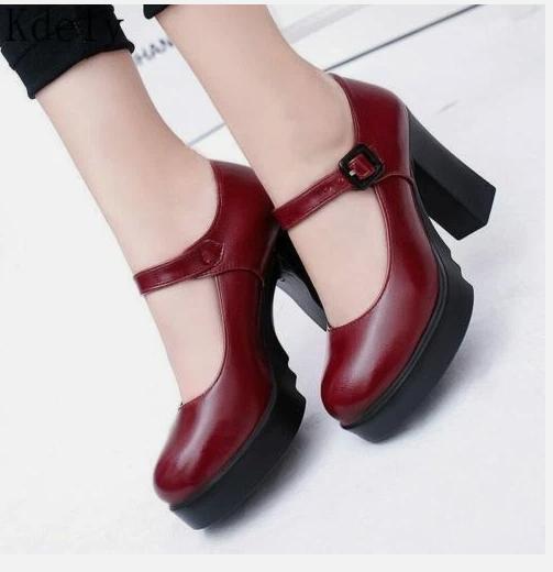 Women Faux Leather Mary Jane Heels round toe  Buckle Platform Shoes Woman pumps