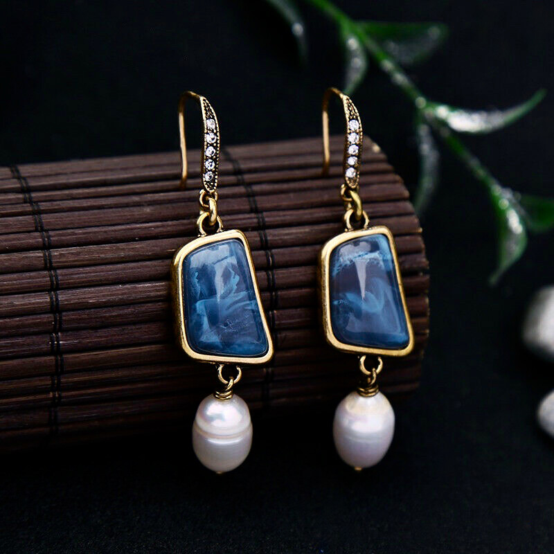 Fresh Water Pearl & Blue Crystal Drop Dangle Long Earrings Gold Plated Finish-image