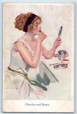 c1910's Pretty Woman Putting Lipstick Cherries And Roses Montgomery Postcard