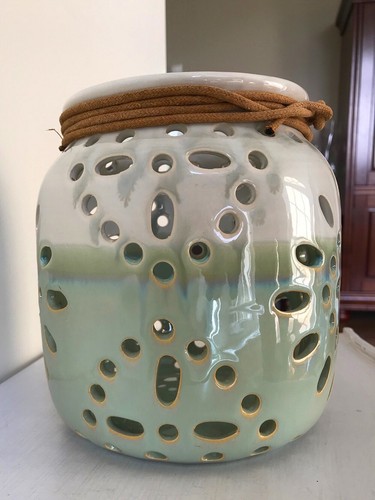 At Home Glazed Ceramic Candle Holder Light Green, Tan, White 7" x 6" - Picture 8 of 12