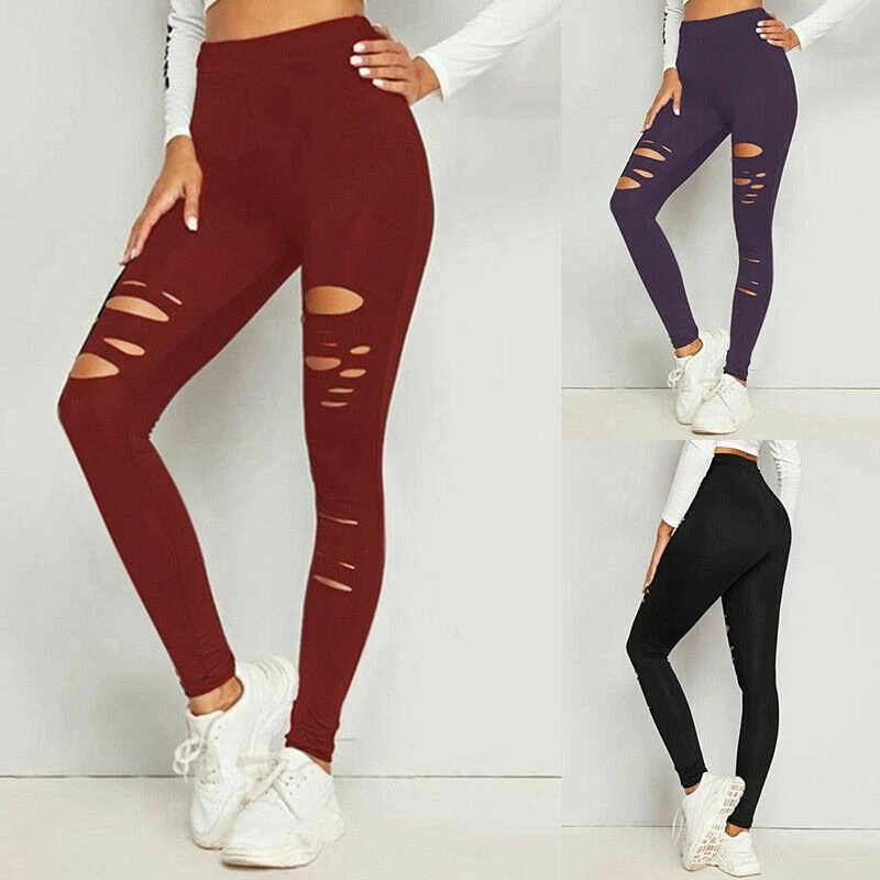 Women Destroyed Ripped Yoga Leggings Jeggings Pants Womens Distressed  Trousers