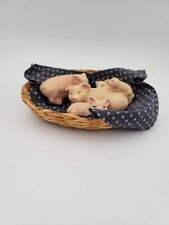 Vintage Basket Of Pigs Figurines Piglets Ceramic