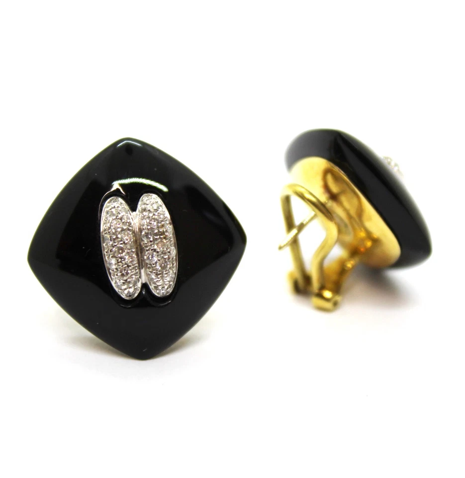 Pendientes A Cuadrado de Oro Amarillo 18k, Platino, Ónix Negro y Diamantes - Imagen 3 de 3