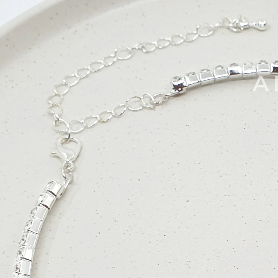 1 2 Row Silver Clear Rhinestone Diamante Crystal CZ Choker Necklace Party Gift - Image 4 of 4