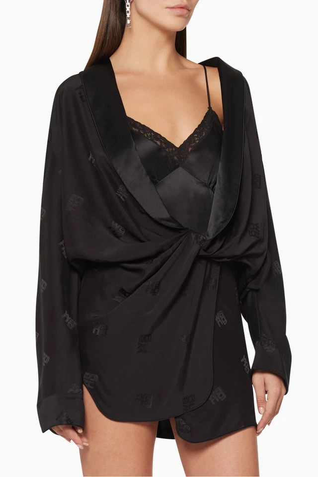 ALEXANDER WANG 黑色标志提花丝绸迷人扭结长袍睡衣连身裤 8 = M — 第 4/4 张图片