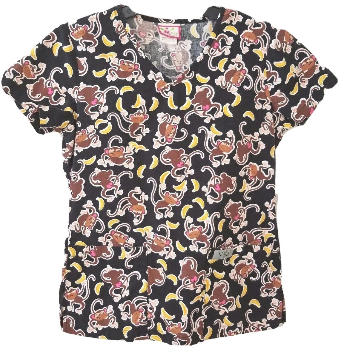 IZZY SCRUBS Womens Monkey Banana V-Neck Scrub Top Black Yellow