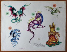 VINTAGE Mickie Kott Traditional Tattoo Flash Production Sheet, Biker, Dragon