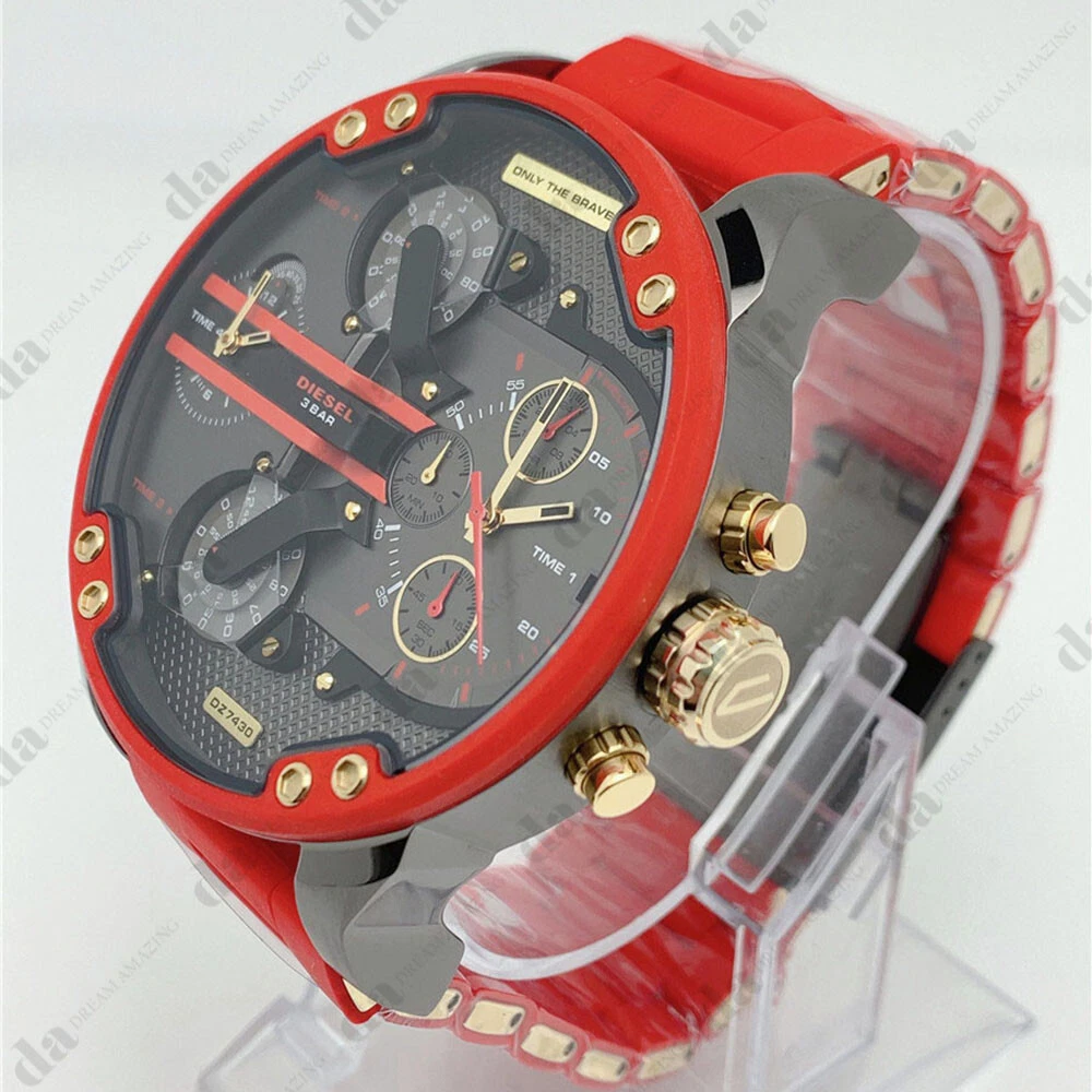 New Diesel DZ7430 Mr Daddy 2.0 Red Silicone Strap Gray Dial Quartz