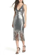DRESS the POPULATION Black Silver Sequin Fringe Plunge V-Neck Cocktail XS = 2/4