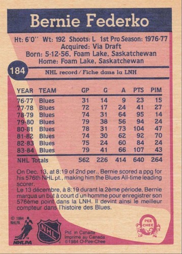 1984-85 O-Pee-Chee Hockey Bernie Federko St. Louis Blues #184 - Imagen 2 de 2