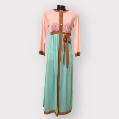 VINTAGE 60s 70s Color Block Pastel Maxi Dress Womens Small Cottage Pink  Teal | eBay