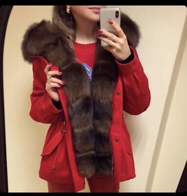 Women parka Arctic Fox fur hooded winter jacket. Size S M. Inside - Rabbit Fur